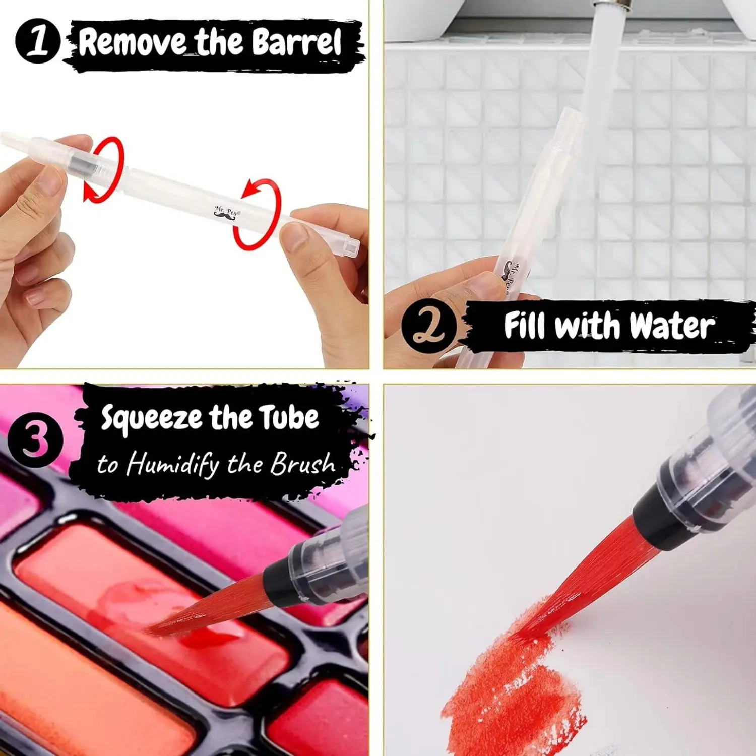 Refillable Water Brush Pens Set (6pcs) – 3 Round + 3 Flat Tips - Image 2